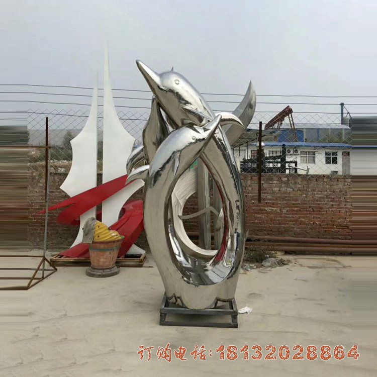 镜面不锈钢抽象海豚雕塑