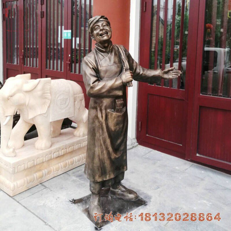 饭店门口店小二铜雕