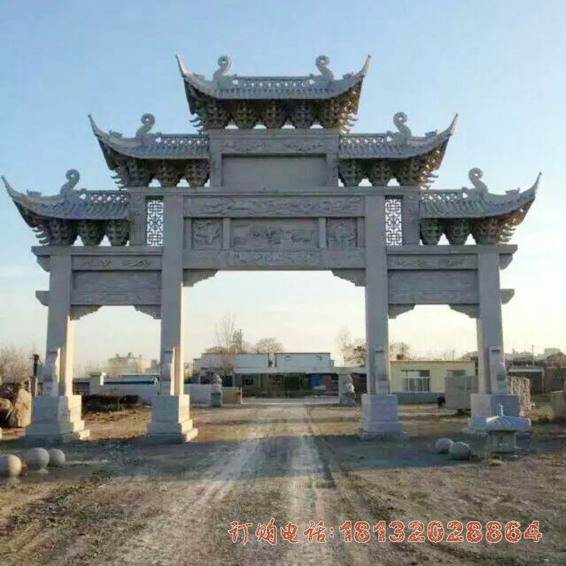 村庄三门五楼牌坊石雕