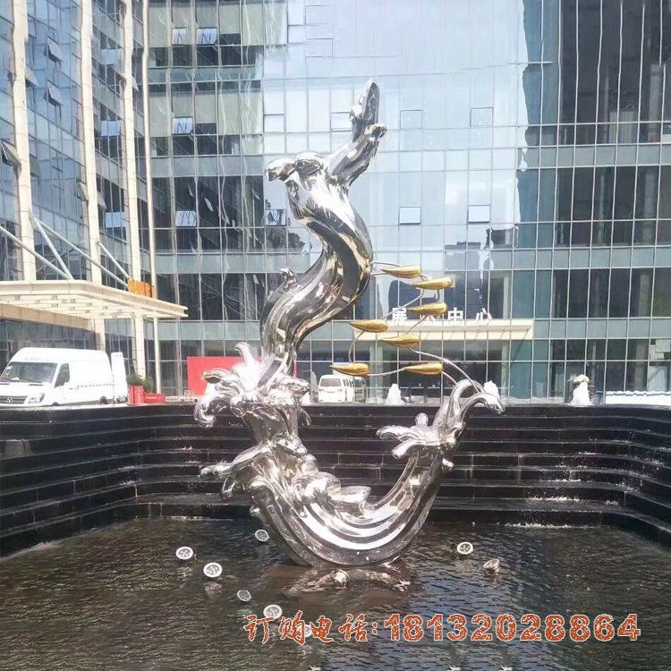 不锈钢抽象浪花鱼群雕塑 不锈钢抽象浪花鱼群雕塑