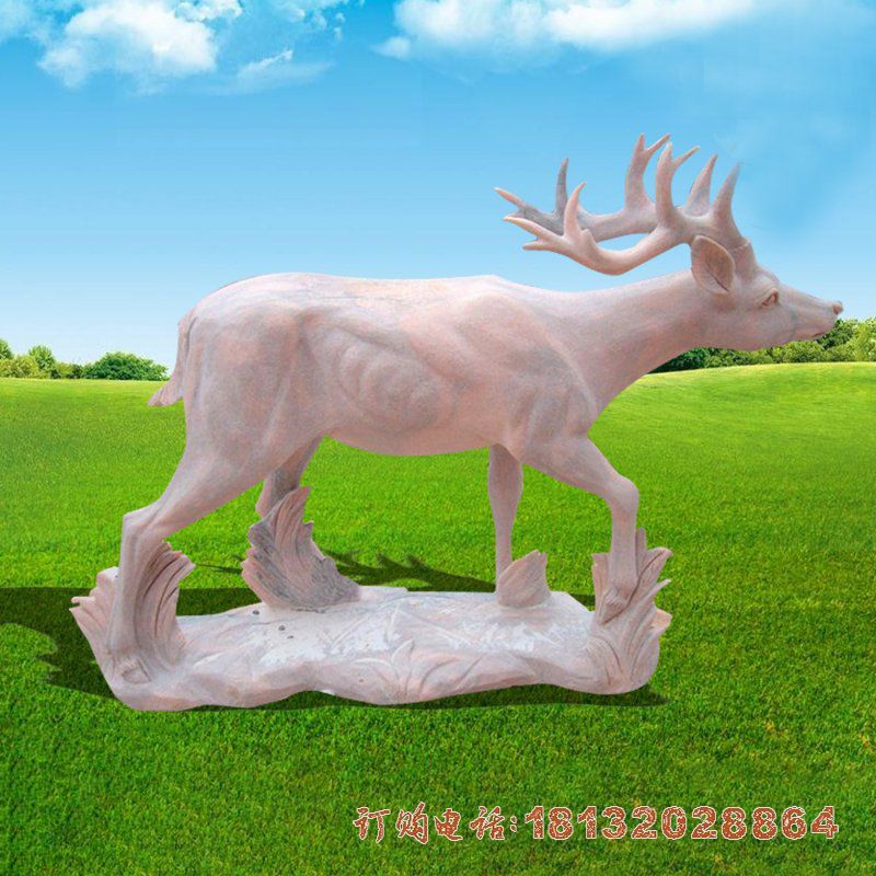 公园动物晚霞红梅花鹿石雕