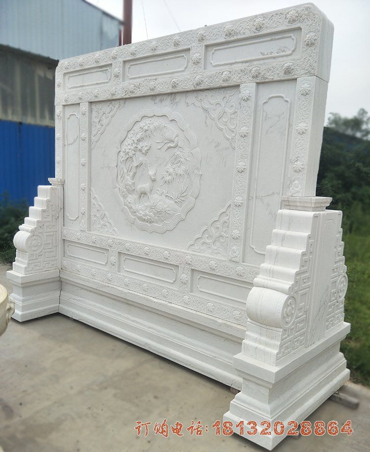 汉白玉鹤鹿同春浮雕石影壁