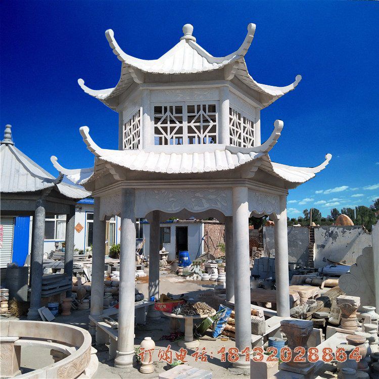 汉白玉双层六角凉亭石雕 汉白玉双层六角凉亭石雕