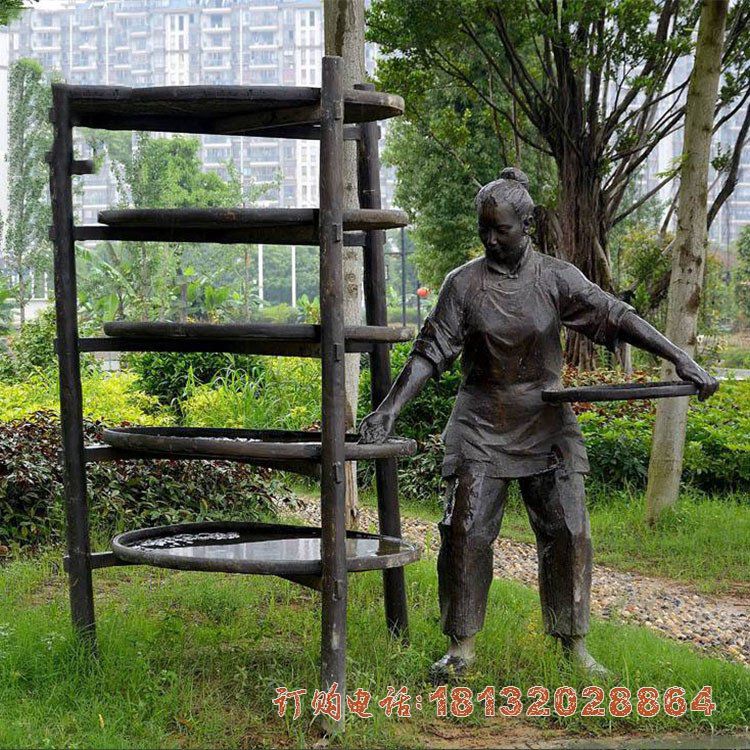 茶文化晒茶人物铜雕