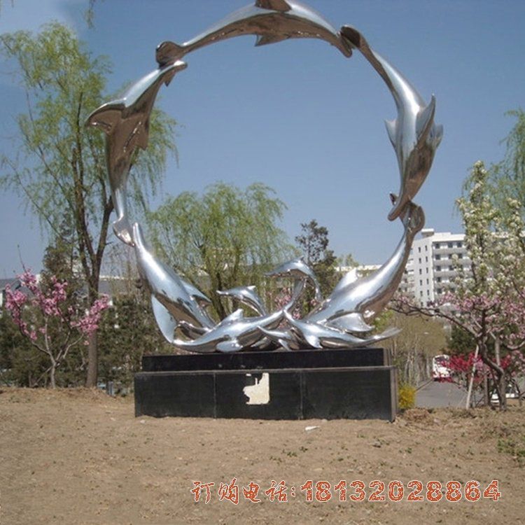 公园不锈钢绕圈海豚雕塑