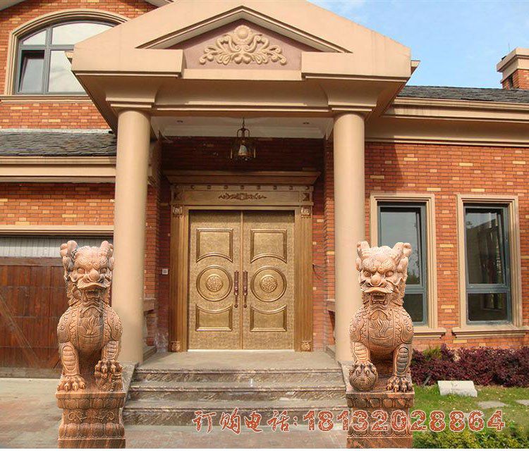 门口晚霞红踩球麒麟石雕