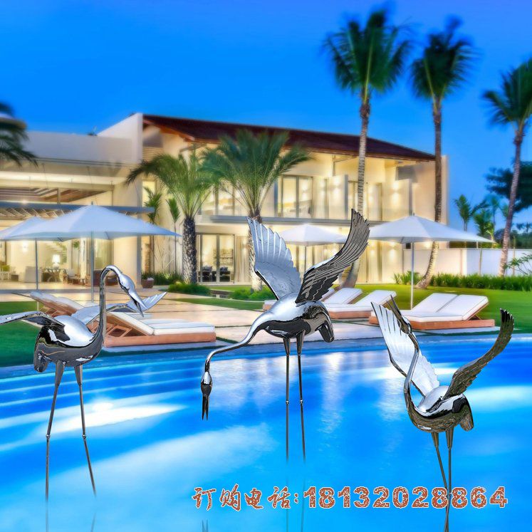 小区不锈钢镜面抽象仙鹤雕塑