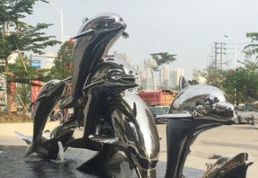 城市不锈钢水景海豚雕塑