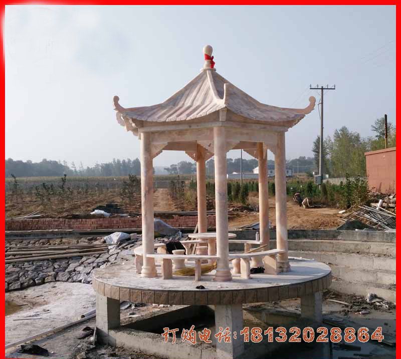 晚霞红六角凉亭石雕