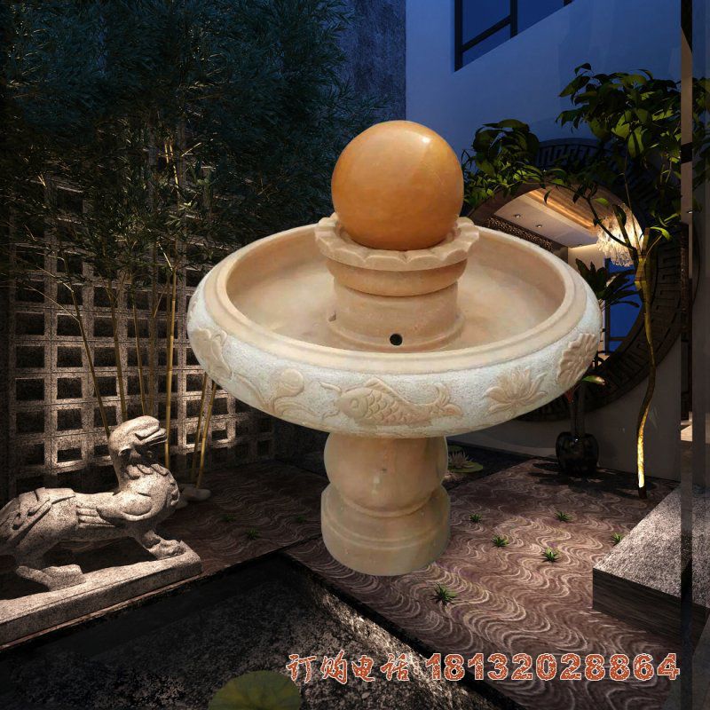 企业晚霞红莲花风水球石雕