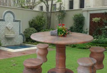 公园晚霞红圆桌凳石雕