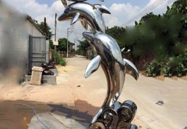 不锈钢跳跃的海豚海浪雕塑