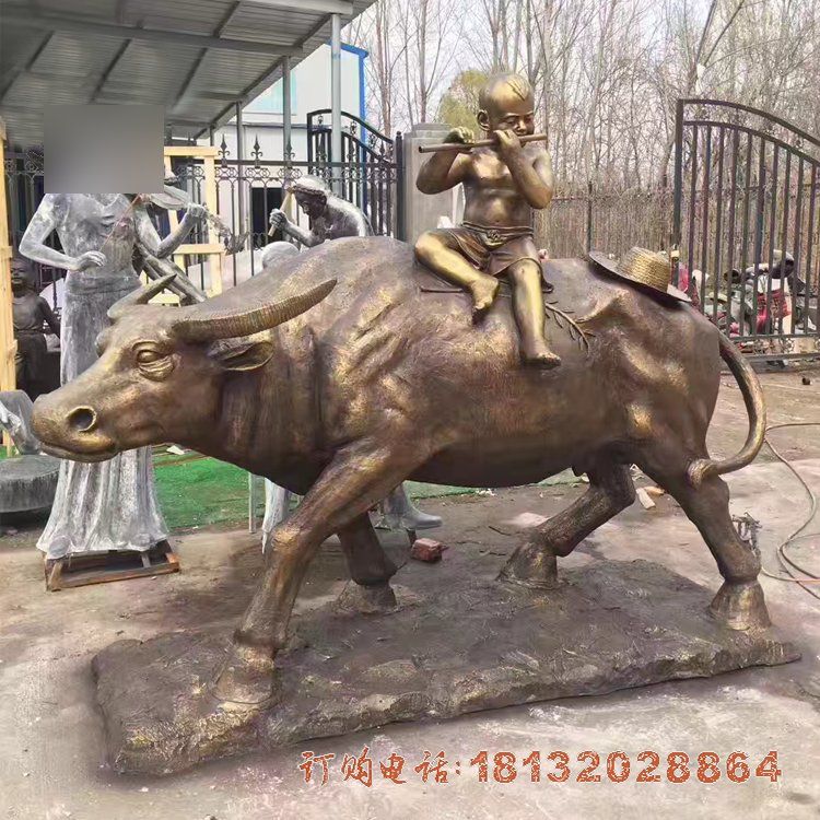 吹笛子的牧童牛铜雕，公园景观铜雕 (3)
