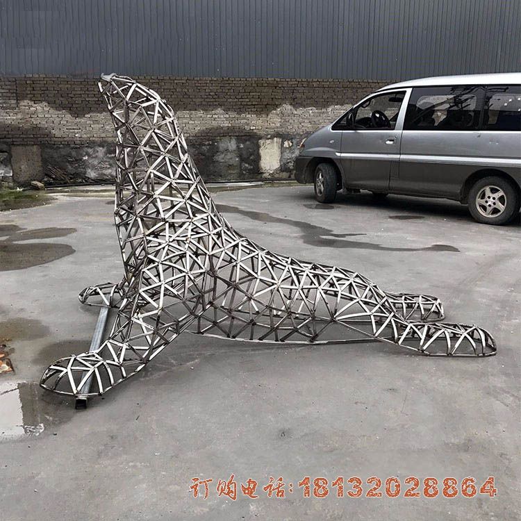 不锈钢抽象海狮，公园动物雕塑